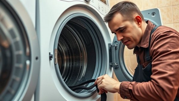 Technician inspects washing machine parts and their functions in a laundry room.