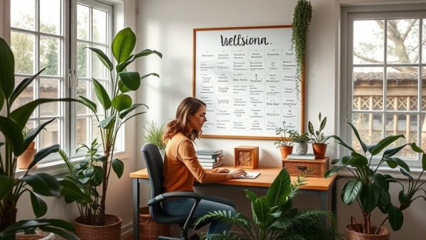 Focused woman in serene workspace with vision board and plants, how to achieve goals.