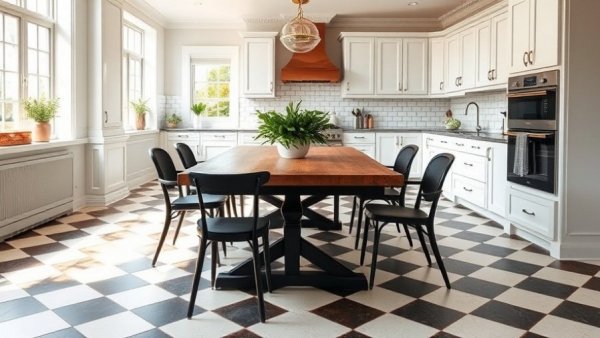 Modern kitchen with checkered floor showcasing 2026 tile trends.