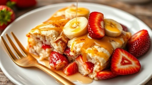 Strawberry Banana Cottage Cheese Breakfast Bake with syrup and fruits.