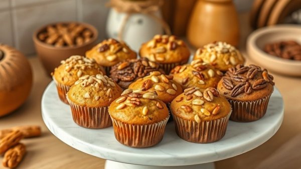 Nut-topped muffins on white plate in warm kitchen setting.