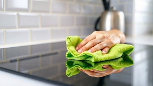 Hand cleaning glass cooktop with green cloth, how to clean a glass cooktop.