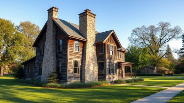Frankston property for sale featuring a rustic house with stone chimney and wooden exterior.