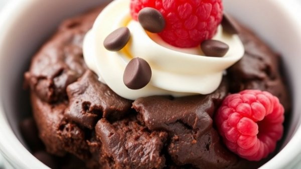 Single-serve cottage cheese brownie topped with whipped cream and raspberries.