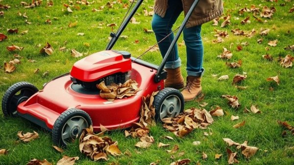 A person mulching leaves with a lawnmower, autumn yard scene.