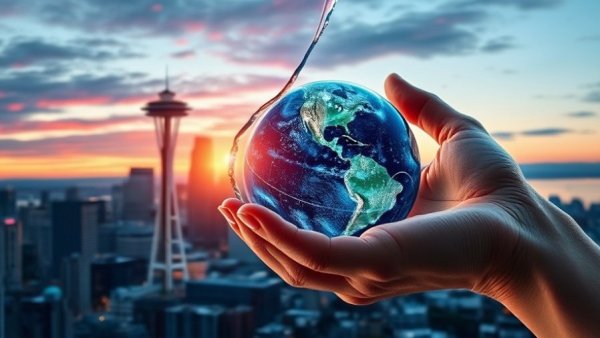 Washington real estate listings marketing with Seattle skyline and tech symbols.