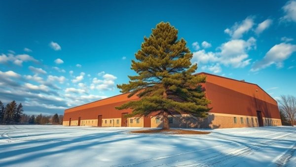 Industrial building amidst snow for real estate acquisition.