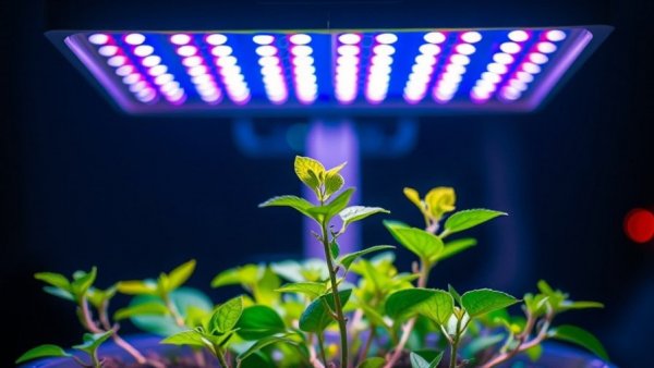 Small plant under vibrant LED grow light in dark room.