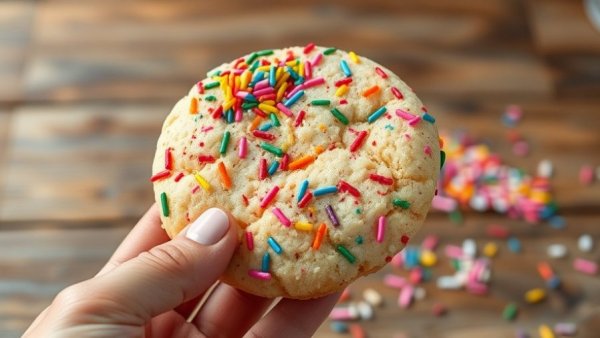 Giant protein sugar cookie with colorful sprinkles close-up.