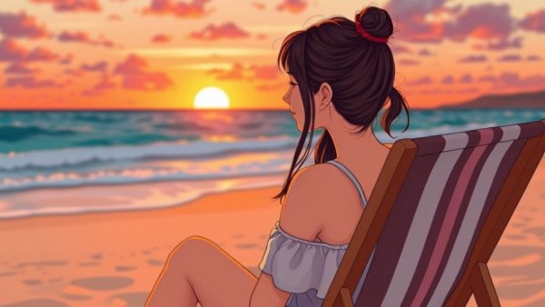 Depression while traveling: Woman reflecting at sunset beach.