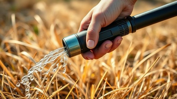 Close-up of Hoselink retractable hose nozzle in use, spraying water gently.