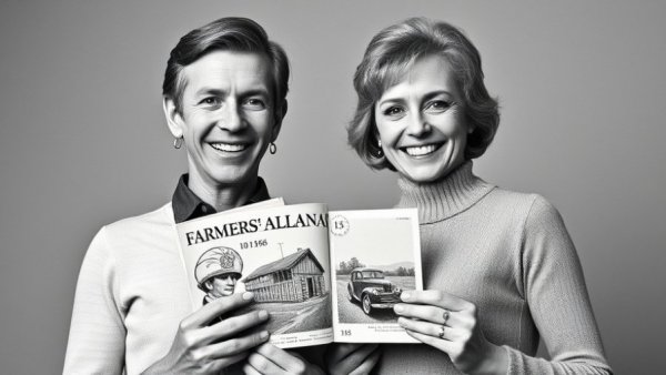 Vintage couple holding 1968 Farmers' Almanac and stamps.