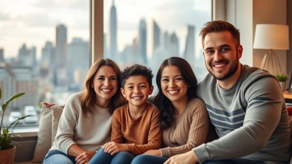 Melbourne family at home with city skyline, depicting home loan context.