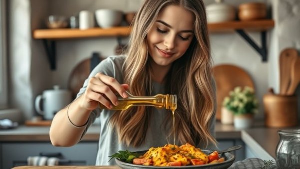 Young woman drizzling oil in rustic kitchen for flexible meal planning
