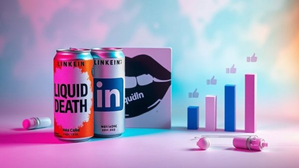 Trendy marketing elements with Liquid Death cans and icons, abstract stats.