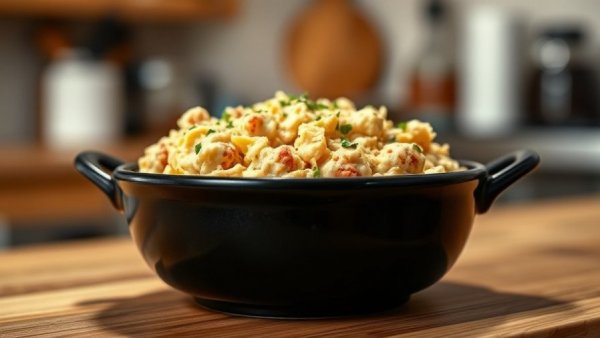 Savory cottage cheese hamburger helper in black bowl.