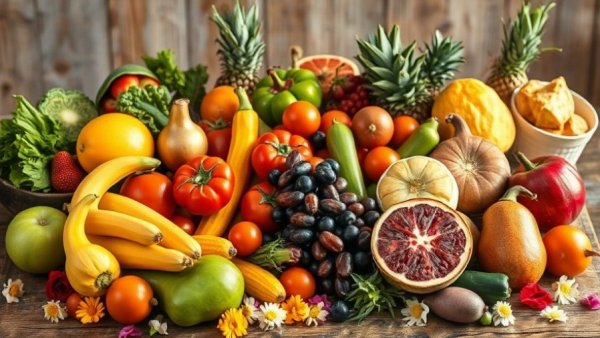 Colorful spread of fresh foods evoking sustained energy