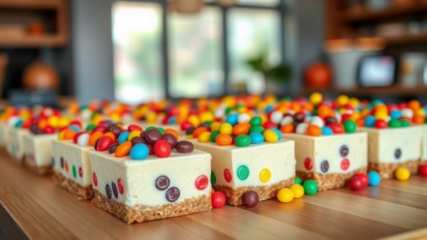 Colorful Cottage Cheese Dessert Bars with vibrant candy on top