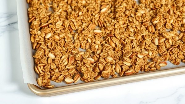 No Sugar Added Granola with almonds on a baking sheet.