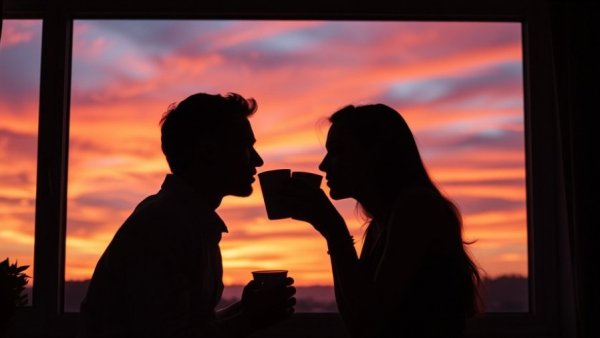 Couple sharing joy at sunset, enhancing wellbeing.