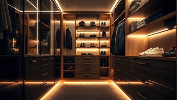 Best closet lighting with LED strips illuminating stylish modern closet.