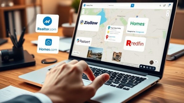 Modern laptop showing real estate portal logos and property listing.