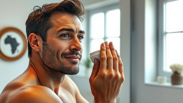 Man applying facial cream, modern bathroom setting; essential skincare tips for men.