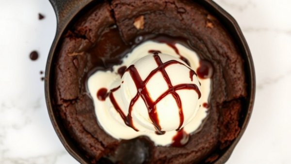 High fiber high protein skillet brownie with ice cream and chocolate sauce.