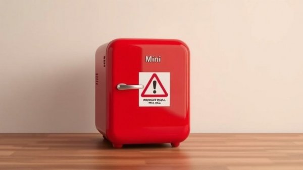 Red mini fridge with product recall sign for fire hazard.