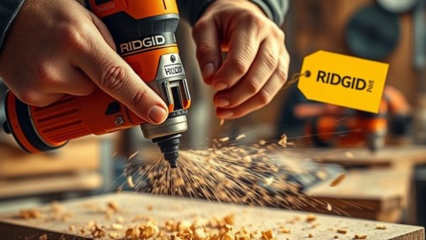 Close-up of Ridgid drill in action with yellow 'Home Depot free tools' tag.