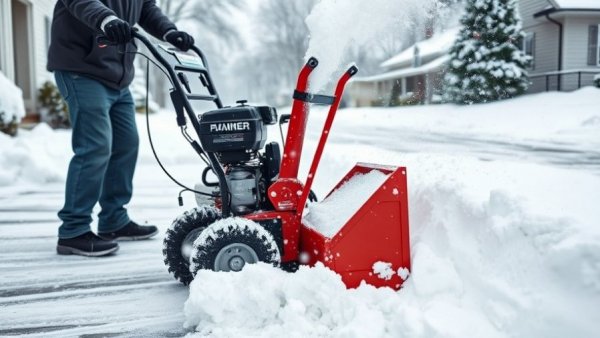 Amazon Snow Blower Deals shown in action on snowy driveway.