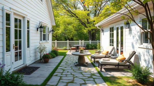 Outdoor patio upgrades that add value with lush landscaping and seating.