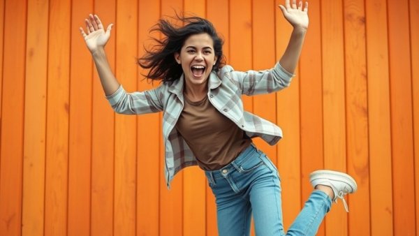Energetic young woman jumping for joy against orange wood; agent burnout prevention strategies.