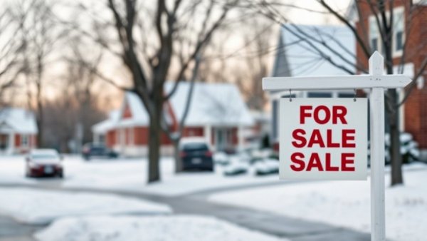 Real estate for sale sign in snowy neighborhood, relevant to switch mortgage lenders 2026.