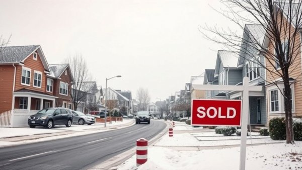 Sold sign on a snowy residential street, highlighting stable mortgage rates.