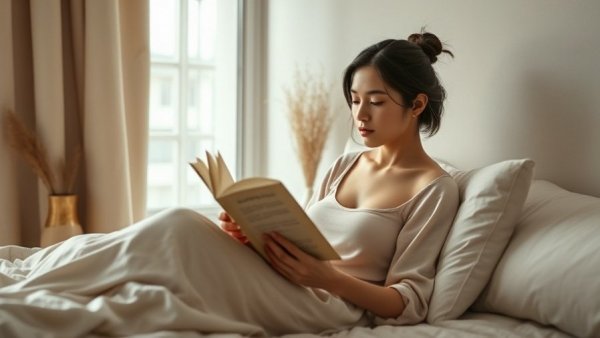 Young woman reading enhancing mental health benefits, cozy setting.