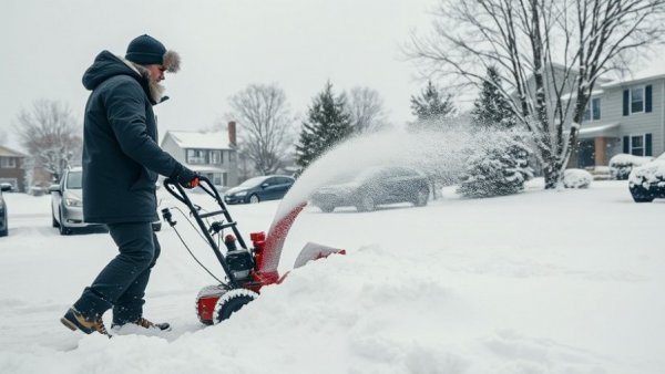 Man using snow blower during heavy snowfall in a winter landscape.