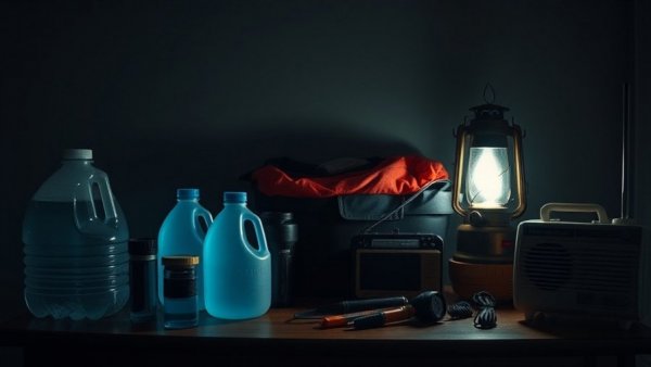 Neatly arranged power outage emergency kit with dim lighting.