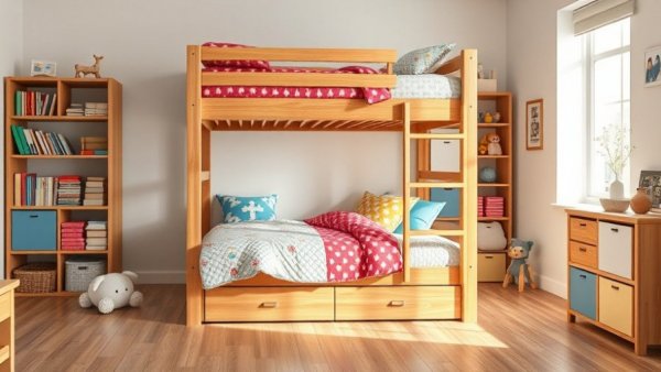 Stylish Boori bunk beds in a cozy children's room with colorful bedding.