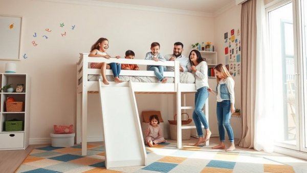Bunk Beds for Kids: Family room with kids playing on bunk bed slide, colorful decor.