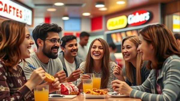 Young adults dining in a lively QSR environment, socializing and enjoying meals.