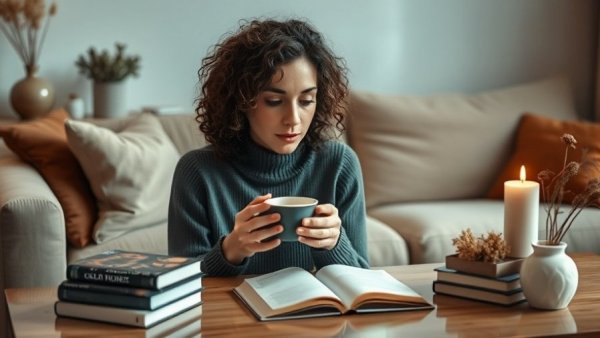 Woman practicing calming rituals in a serene living room.