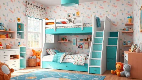 Compact teal and white bunk bed for children in vibrant room with toys and decor.