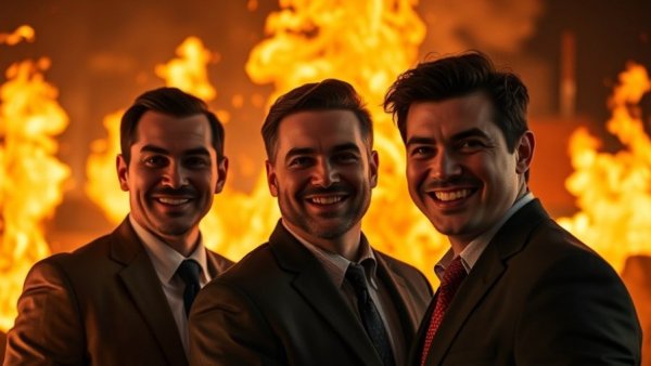 Energetic businessmen with flames background, symbolizing MLS dynamics in real estate.