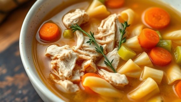 High Protein Creamy Chicken Soup with vegetables and pasta