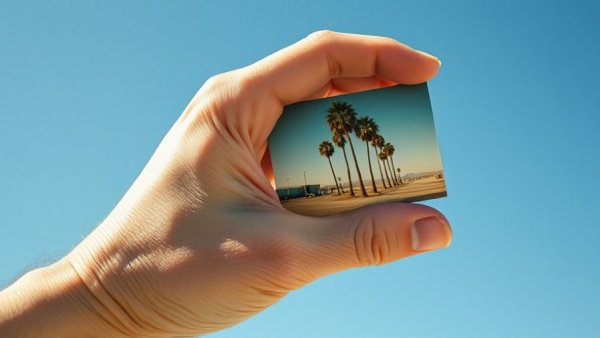 Vintage Palm Springs slide held against bright sky.