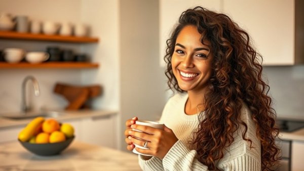Smiling woman in kitchen holding mug, surrounded by healthy fruits.