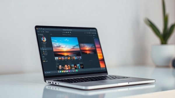 Laptop with image editing software featuring sunset photo, relating to California real estate listing photo law.