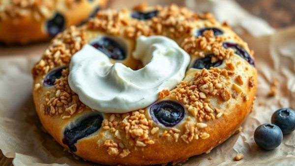 Golden blueberry crunch protein bagel with blueberry cream cheese.