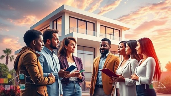 Diverse professionals discussing modern real estate marketing strategies.